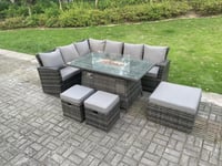 9 Seater High Back Rattan Gas Fire Pit Corner Sofa Set Garden Furniture Heater Dining Table Set Left Hand