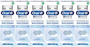 6 x Oral-B 3D White Advanced Toothpaste Express Whitening Fresh Glow Icy 75ml