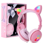Kids Headphones Wireless, Girls Cat Ear Bluetooth Headphones Foldable LED Light Up Headphones Over On Ear with Microphone for iPhone/iPad/Smartphones/Laptop/PC/TV/Remote Schooling (Pink)