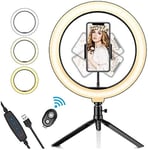 AJH 10" LED Ring Light With Tripod Stand And Phone Holder，Dimmable Desk Makeup Ringlight For Live Streaming, YouTube Video, Shooting With 3 Light Modes & 10 Brightness Level