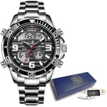 2023 Toppmärke Lyxiga Digitala Herrklockor Topp Lyx Sport Quartz Armbandsur För Män All Steel Militär Vattentät klocka+låd silver black