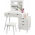 Coiffeuse table en mdf - Coiffeuse Table cosmétique avec miroir et tabouret - 80x40x125cm - Blanc - Woltu