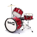 RockJam RJ103-MR 3-Piece Junior Drum Set with Crash Cymbal, Drumsticks, Adjustable Throne and Accessories - Red