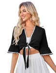 Belle Poque Boléro court à manches mi-longues en mousseline de soie pour femme, Noir , M