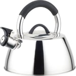 Buckingham Modern Stainless Steel Stove Top Induction Whistling Kettle 2.6 Litre Satin Finish with black silicon grip stay cool handle, 22.5 x 22.5 x 23 cm