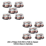 250 x Philips DVD+RW 4.7GB 120Min Rewritable 4x Speed 25s Blank Disc Spindle Tub
