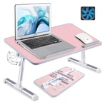 Leyona Bed Table Foldable Laptop Tray, 23.6" Adjustable Angle and Height Lap Desk Stand with 1 Cooling Fan, Portable Laptop Table for Studying,Eating and Working on Bed/Office/Soft/Couch (Pink)