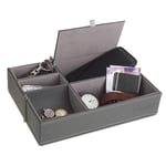 LIVIVO Deluxe 5 Compartment Valet Organiser Tray - Grey Textured Leather Faux Suede Lined Mens Jewellery Storage Box with Hinged Lid - Ideal Valentines Gift for Him