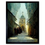 Via Dolorosa Street Pilgrims Heading To The Church Of Holy Sepulchre Art Print Framed Poster Wall Decor 12x16 inch