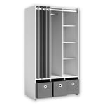 Stella Trading Jenke Armoire Dressing Polyvalente, avec 3 Boîtes de Rangement et Rideau en Tissu, Aménagement Intérieur Astucieux, Blanc, Dimensions (l x H x P) 100 x 180 x 50 cm