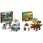 LEGO Jurassic World Giganotosaurus & Therizinosaurus Attack with 2 Dinosaur Toy Figures, ATV Car & Jurassic Park Triceratops Research Dinosaur Toy Set with Ford Explorer Car and Dino Figure