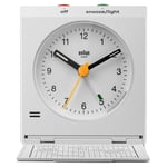 Braun Classic Travel Analogue Alarm Clock with Snooze and Light, White - BC05W
