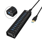 NÖRDIC powered 14-ports USB 3.0 HUB med individuell switch 5Gbps 12mm kabel aluminium svart med nätdel