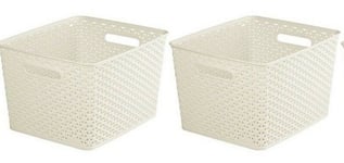 2x Curver Nestable Rattan Basket Large Storage Plastic Wicker Tray 18L - Cream