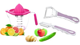 TrendyUK- 500 ML Fruit Juicer - Hand Press Easy to Use Kitchen Gadgets - Lemon Lime Orange Squeezer in 5 Colors (Dark Pink + Peeler)