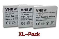 3 x batteries Li-Ion 600mAh (3.6V) pour Canon Powershot, Ixus und Digital Ixus, par exemple: 50, 115HS, 130, i7, SD450. Remplace: NB-4L.