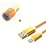 Pack Chargeur Voiture Pour Wiko View 3 Lite Smartphone Micro-Usb (Cable Metal Nylon + Double Adaptateur Allume Cigare) - Or