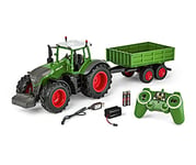 Carson 500907314 - 1:16 RC Tracteur avec remorque 100% RTR, Véhicule télécommandé, Véhicule de construction avec fonctions lumière et son, avec batteries et télécommande, vert