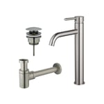 Fortifura - Calvi Kit mitigeur lavabo - robinet rehaussé - bonde clic clac - siphon design bas - pvd Inox brossé