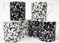 Venetian Black White Mugs Set 6 Fine Bone China Swirl Balmoral Cups Decorated UK