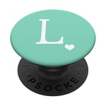 PopSockets White Initial Letter L heart Monogram on Pastel Mint Green PopSockets PopGrip: Swappable Grip for Phones & Tablets