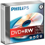 PHILIPS - 4x Speed DVD+RW Blank DVDs - Slim Case 5 Pack