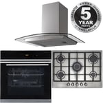 10 Function Single Oven, 70cm 5 Burner Stainless Gas Hob & Curved Cooker Hood