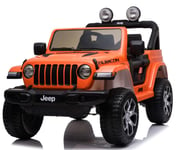 Jeep Wrangler Rubicon Elbil för barn med 4 x 12 V + gummihjul + lädersäte