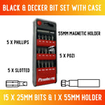 16 Black & Decker Screwdriver Bit Set Phillips Pozi Slotted 55mm Magnetic Holder