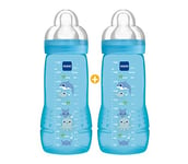MAM - Biberons Easy Active 6+ mois (2 x 330 ml) Bleus – Lot de 2 biberons avec tétine en silicone débit X vitesse ultra-rapide – Biberons pour bébé avec fermeture hermétique