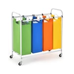 COSTWAY 136L tvättkorg på hjul, 4 polyesterfack med handtag, avtagbar och tvättbar, 82 x 39 x 85 CM Grön + Blå + Orange + Gul