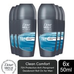 Dove Men+Care Roll On Advanced Antiperspirant Deodorant Clean Comfort 50ml, 6Pk