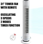 31" Oscillating Tower Fan Slim Cooling 3 Speed Free Standing Quiet with Remote
