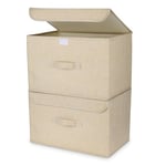 DIMJ Lot de 2 Boites de Rangement, Rangement de Vetement Pliable, Caisse de Rangement en Tissu avec Couvercles et Poignées pour Maison, Placard, Beige