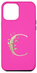 Coque pour iPhone 13 Pro Max Couleur rose élégante aquarelle feuilles vertes monogramme lettre C