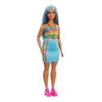 Barbie Poupée Fashionistas avec de Longs Cheveux Bleus, Haut Arc-en-Ciel et Jupe Turquoise, poupée à Collectionner, 65ème Anniversaire, HRH16