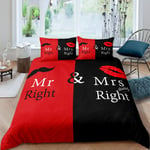 Loussiesd Mr Mrs Bedding Set Black Red Creative Duvet Cover Set Love Man Mustache Woman Lip Romance Bedding & Linen Funny White Quote for Lover Couple Valentine Day Home BedQuilt Cover Double Size