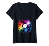 Womens Music Lover Colorful Record Player V-Neck T-Shirt