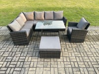 8 Seater High Back Rattan Set Corner Sofa With Oblong Dining Table Footstool With Arm Chair