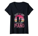 Womens Just A Girl Who Loves Piano, Vintage Piano Girls Kids V-Neck T-Shirt