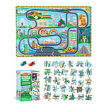 Melissa & Doug Race Around the World Tracks Cardboard Jigsaw Floor Puzzle and Wind-Up Vehicles, Busy Board, Puzzles for 3 year olds, Montessori toys, Toddler puzzles, Gift for boy or girl
