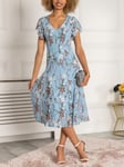 Jolie Moi Colette Fit and Flare Floral Mesh Dress, Light Blue/Multi