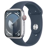 Apple Watch Series 9 (GPS + Cellular) 45mm - Silver Stainless Steel Case with Storm Blue Sport Band - M/L (Fits 160mm - 210mm Wrists)