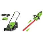 Greenworks Lawnmower, 24VX2 Mower 36 cm Cutting Width up to 250m² with 40 L Grass Catcher Bag and 5-Fold Central Cutting Height Adjustment + Hedge Trimmer with Rotating Handle+2x 2 Ah Battery+Charger