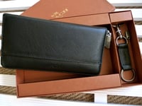 Genuine COACH New York Black 2 PIECE Leather SET- LONG PURSE & KEYRING wallet