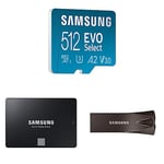 Samsung EVO Select 512GB microSDXC UHS-I U3 130MB/s Full HD & Samsung SSD 870 EVO, 500 GB, Form Factor 2.5” & Samsung flash drive Titanium Gray 256 GB