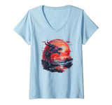 Womens Mythical black red dragon with sunset mountains Asian art V-Neck T-Shirt