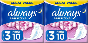 Always Sensitive Night Ultra Sanitary Pads Towels with Wings, Size 3 - 20 Pack