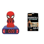 LEXIBOOK RL800SP Digital Alarm Kids with Night Light Snooze and Marvel Spider Man Superheroes Sound Effects Childrens Clock Luminous Spiderman+Duracell NEW Optimum AA Alkaline Batteries [Pack of 4]