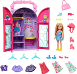 Barbie Poupée et Dressing Chelsea Coffret avec vêtements et accessoires, 17 éléments, pliable pour jouer partout et tout ranger, HXN03